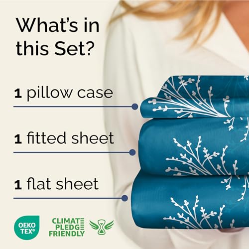 Image of Twin XL 3 Piece Floral Sheet Set - Soft, Breathable & Cooling - Sea Spray