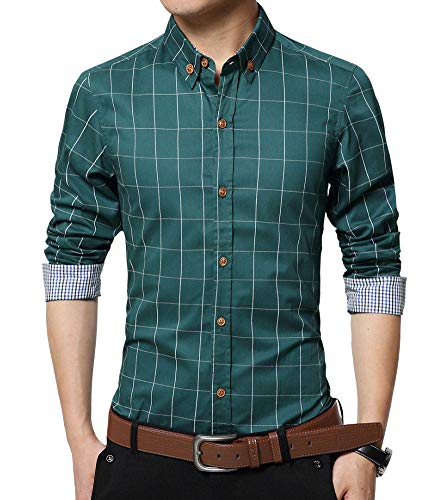 Kuson Chemise à carreaux pour homme - Coupe droite - Manches longues - En coton - Facile à repasser - Avec bouton - Tailles EU : S/M/L/XL/XXL - Bleu marine ou vert, vert, M Cover