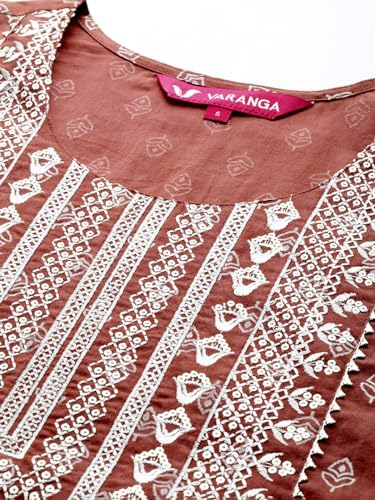 Image of Varanga Women Embroidered Straight Kurta | Cotton | Round Neck | 3 /4 Sleeve | Calf Length | Casual Wear
