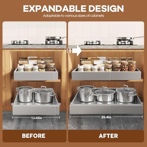 2Pack Expandable Pull Out Cabinet Organizer 21"Deep With Raising Pad for Framed Cabinets, Upgrade 3 Slide Rails Slide Out Drawers,Roll Out Shelves Adhesive,Adjustable Width 12.05"-20.4"Silver