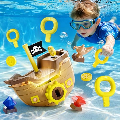 Funscape Kids Pool Diving Toy, Treasure Pirate Ship Diving Pool Game Water Play W/Key Coin Gem, Toddler Swim Dive Toy Lake Bath Tub, Outdoor Summer Party Gift 3 4 5 6 7 8 Year Old Boy Girl Child Teen