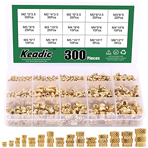 Keadic 300 Pcs M2 M3 M4 M5 M6 Brass Embedment Nut Assortment Kit, Female Thread Brass Knurled Nuts Threaded Heat Set for Fastening Fixing Injection Molding and Printing 3D Printer