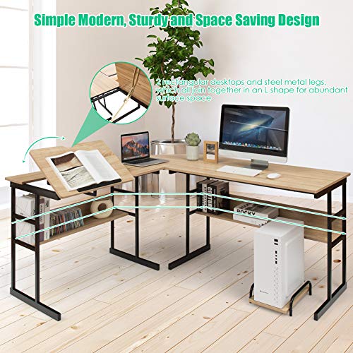 Tangkula 67 Inches L-Shaped Desk, Corner Computer Desk With Bottom Bookshelves & Cpu Stand, Drafting Drawing Table With Tiltable Desktop, Corner Computer Workstation Home Office Desk #TOP4