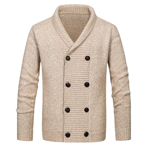 Men'sDouble Breasted Cable Knit Sweater Button Down Shawl Collar Cardigans Chunky Comfortable Knit Cardigan