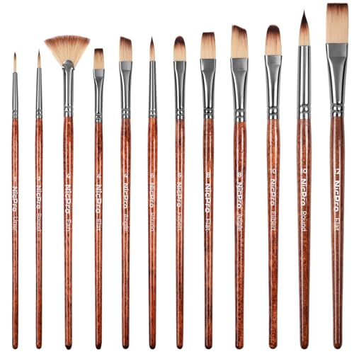 Nicpro 12pcs Paint Brush Set, Craft Paint Brushes for Acrylic Painting, Oil, Watercolor, Gouache, Painting Brushes Kit with Flat Fan Round Angle Filbert, Art Supplies for Artists and Beginners