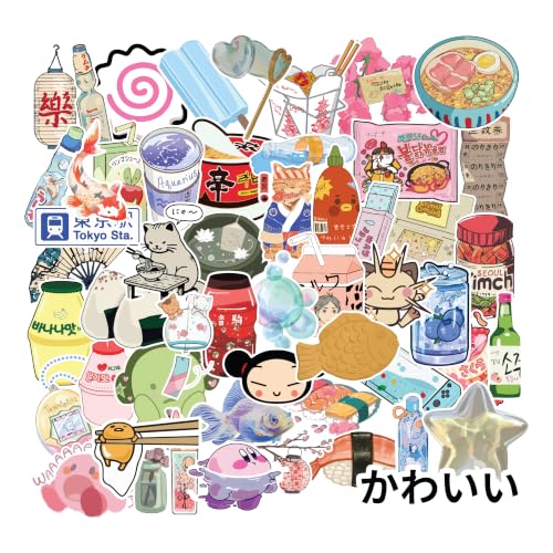 Image of Kawaii Japanese & Korean Aesthetic Stickers Pack - Cute Anime, Sushi, Ramen, Tokyo Vibes Vinyl Waterproof Stickers for Laptop, Phone, Journal, Scrapbook