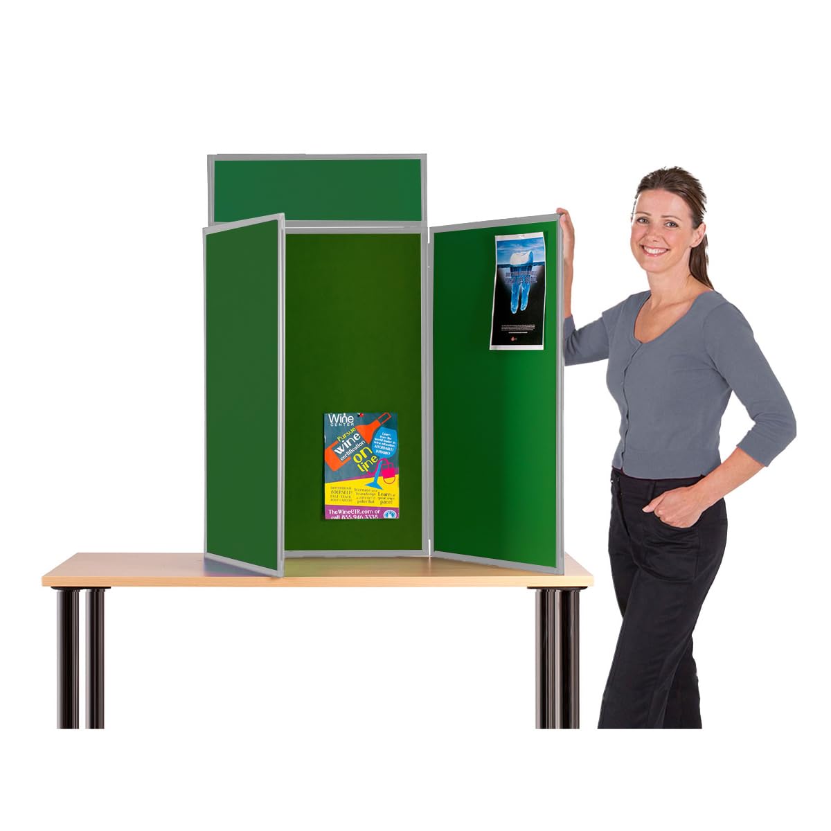 Wonderwall Desktop Exhibition 3 Panel Folding Display Panel Kit, Green Pinboard with Grey PVC Frame,Carry Bag, 100 Adhesive Tabs & Header -11 Colours - for Schools, Exhibitions, Venues