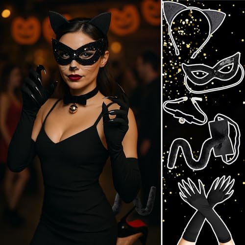QckZee 5-teiliges Katzenkostüm Damen Set – Katzenohren Haarreif, Katzenschwanz, Handschuhe, Maske & Halsband – Cosplay Zubehör für Erwachsene, Halloween Verkleidung & Rollenspiel