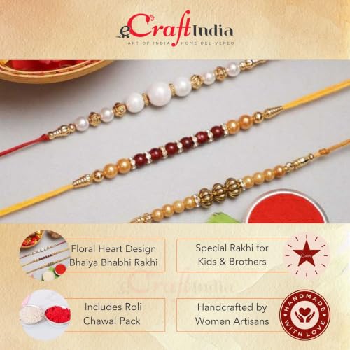 Image of eCraftIndia White Red Golden Set of 3 Pearl Rakhi for Brother with Roli Chawal Pack