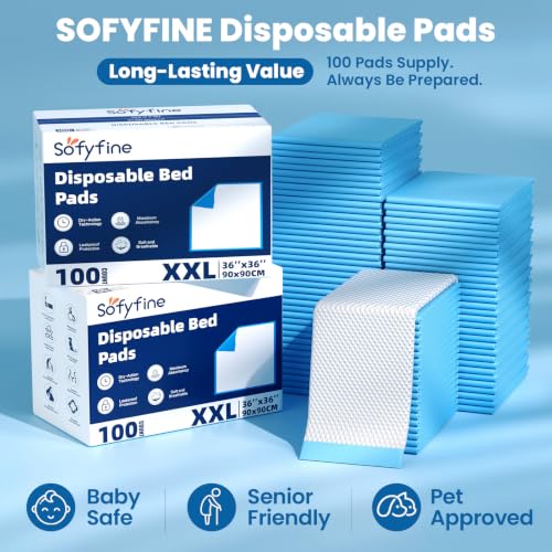 Image of SOFYFINE Extra Large Chucks 36 inchx36 inch 100 Count Disposable Bed Pads Heavy Duty Absorbent Elderly Adults Incontinence Bed Pads,Waterproof Thicken Puppy Pee Pad,Changing Underpads for Women and Baby