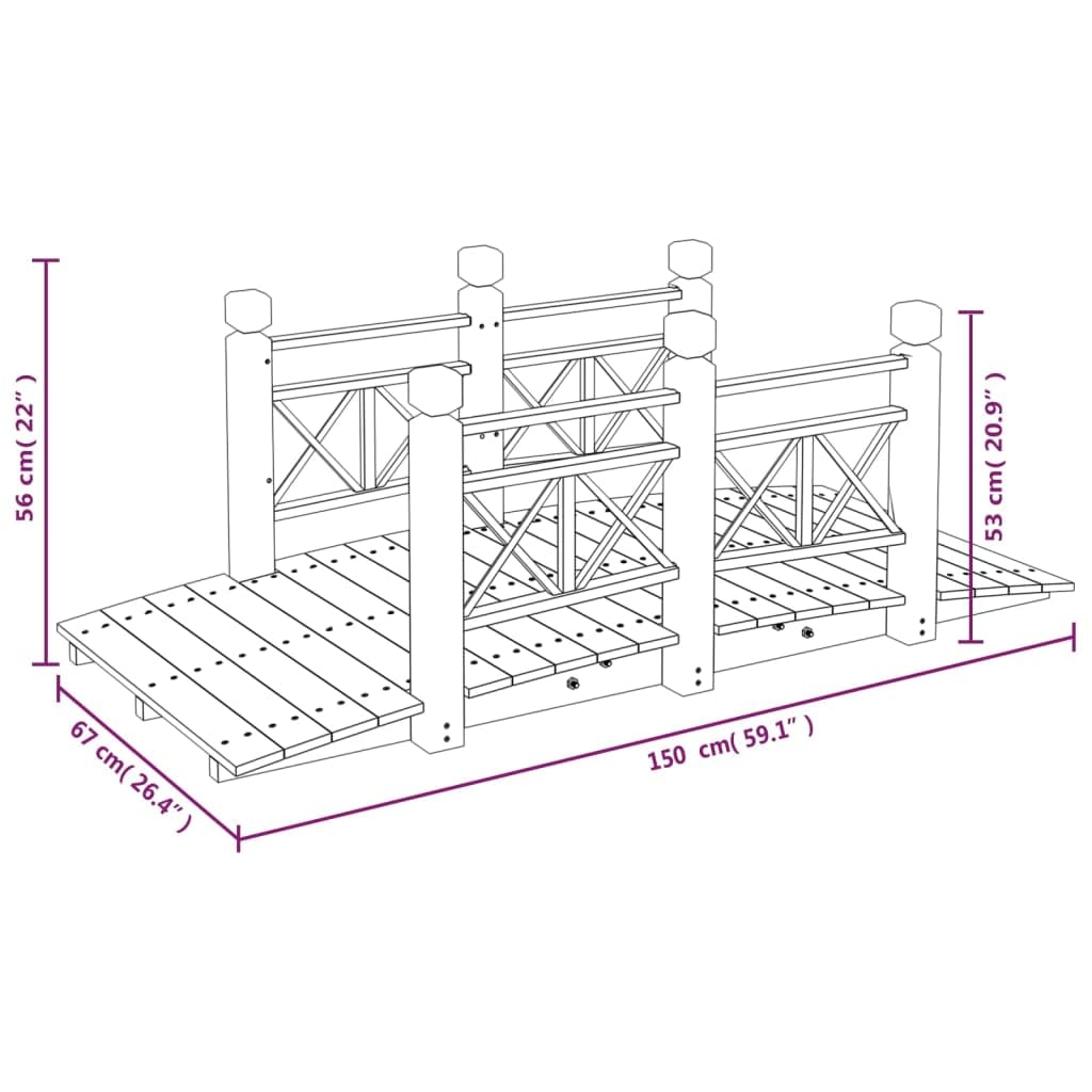 vidaXL Ponte Giardino Ringhiere 150x67x56cm Legno Massello Abete Rosso