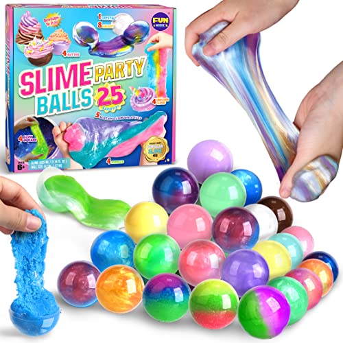 FUN KIDZ Fluffy Slime Balls Party Favors, Premade 25PCS Slime Pack Easter Eggs for Girls Boys Includes Butter Unicorn Mermaid Glow in The Dark Galaxy Clear Slime Easter Basket Stuffers