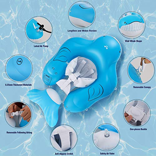 Yobeway Inflatable Baby Float With Canopy For Sun Protection, Safe Anti-Slip Bottom Support, Whale Tail Baby Swim Float Accessories With Air Pump & 2 Bath Pool Toys For 6-36M. #TOP4