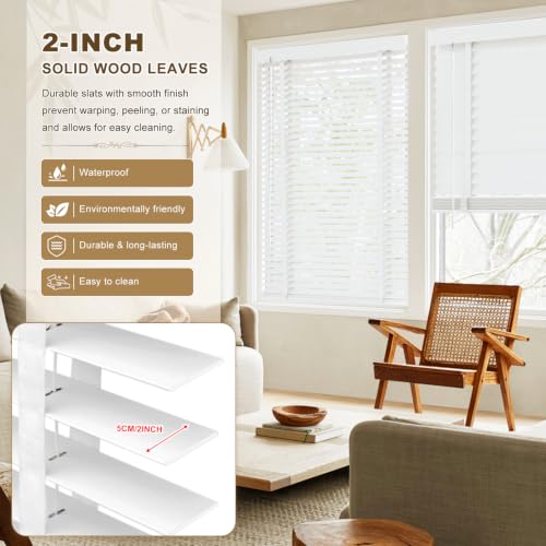 2" Cordless Solid Wood Blinds for Indoor Window,30.5" W x 48" H White by Soulitem - Image 6
