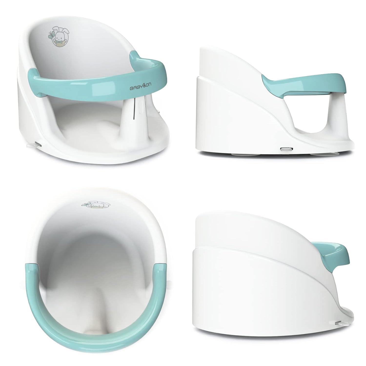 BABYLON Asiento Bañera Bebé Nemo – Silla Bañera Bebe Antideslizante con 4 Ventosas, Asiento baño Bebe Bañera desde 6 Meses, Adaptador y Soporte Baño Bebé para Ducha y Bañera, blanco/turquesa
