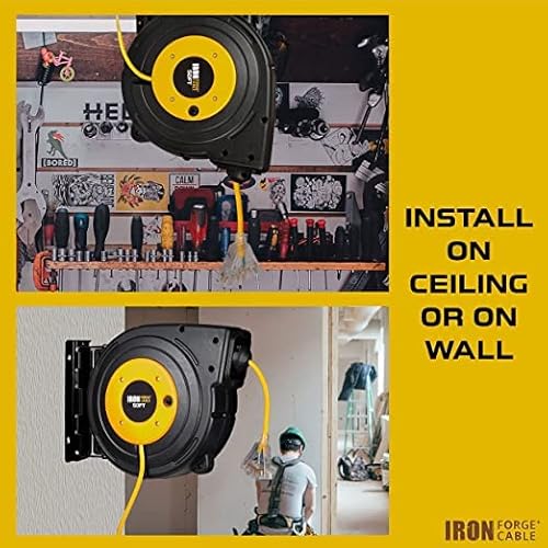 40 Ft Retractable Extension Cord Reel - 2 In 1 Mountable & Portable Power Cord Reel With 3 Electrical Outlets - 12/3 Sjtw Heavy Duty Yellow Cable, 15 Amp #TOP5