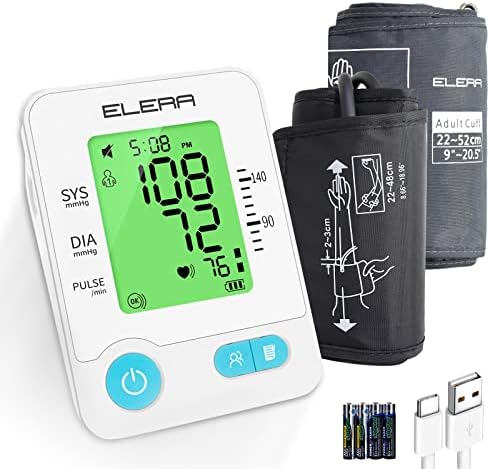 Large Cuff Blood Pressure Monitor,ELERA BP Machine Include Extra Large Cuff 9''-20.5'' and Large Cuff 5.56''-18.96'' with Large Backlit LCD,Measuring BP & Heart Rate(White)