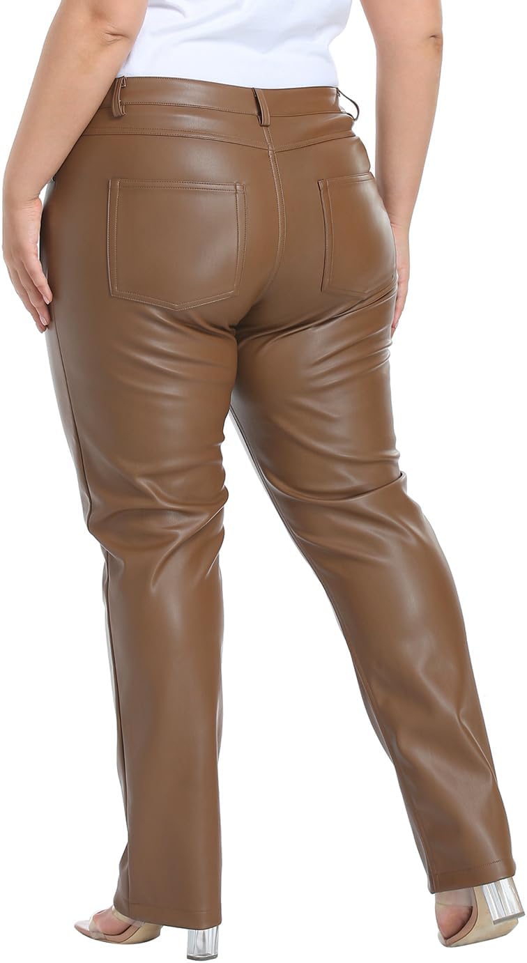 HDE Women's Plus Size Faux Leather Pants High Waist Straight Leg Pant w/Pockets