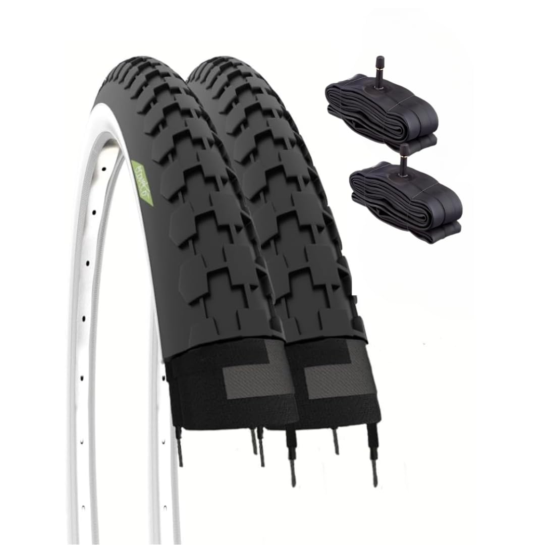 2 Tyres 26 x 1 1/2 (40-584) + Inner Tubes with Schrader Valve Tyres White Black Rubber for Bikes Vintage Holland Road