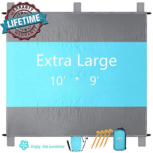 3HEH3 Beach Blanket Sand Proof Extra Large Oversized 10'X 9'for 7 Adults Beach Mat Best Sand Proof Picnic Mat for TravelCamping Hiking - Durable Tarp with 4 Stakes & 6 Corner Pockets