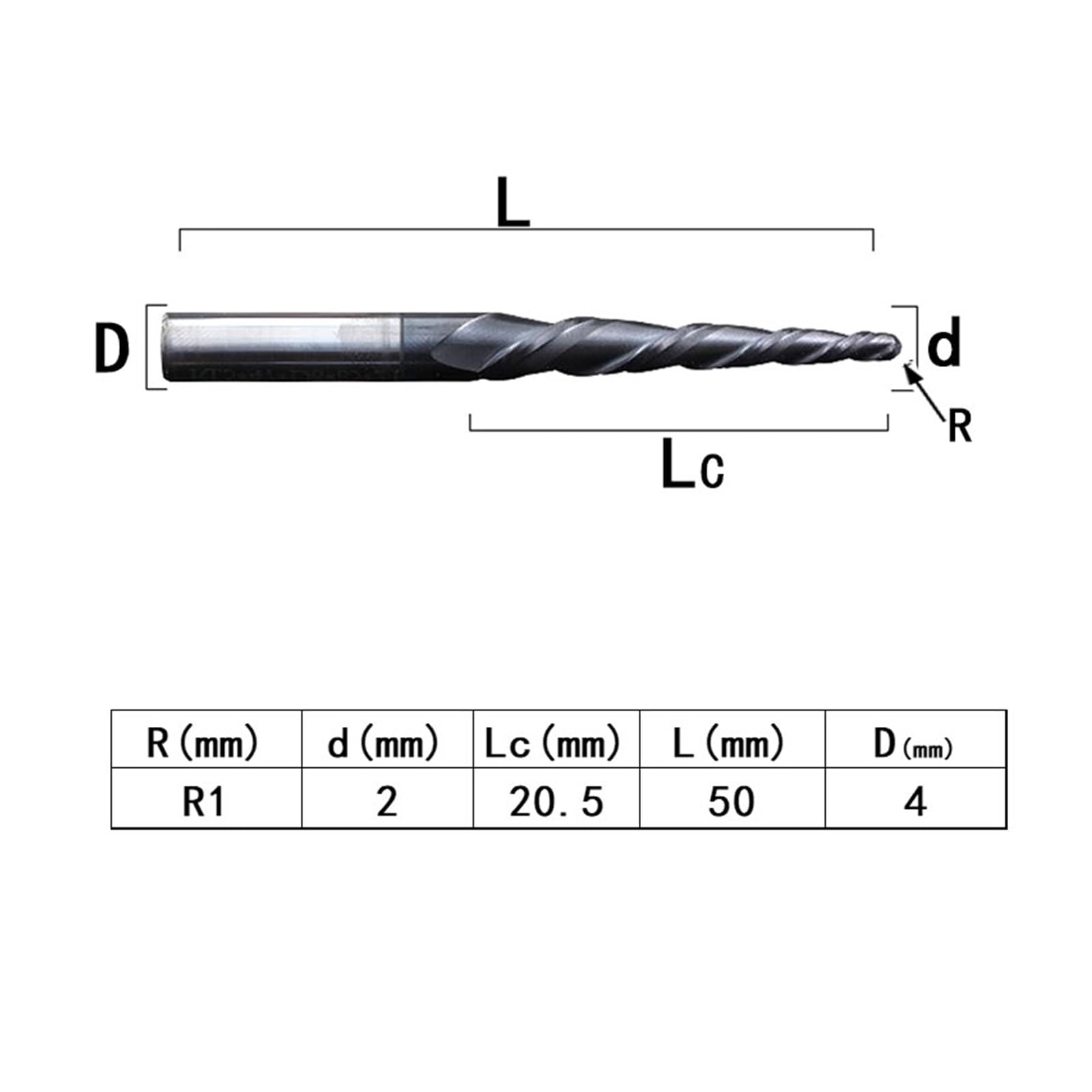 5 sztuk frez z pełnego węglika wolframu 4mm 6mm 8mm nos kulisty stożkowe frezy trzpieniowe frezy CNC stożek frez do drewna i metalu(R1.0X20.5X4DX50L)