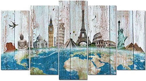 WELMECO Large 5 Pieces Wonders of the World Map Picture on Rustic Green Wood Textured Background Canvas Prints Premium Travel Artwork for Modern Home Office Decor Gifts (01 Travel Map)