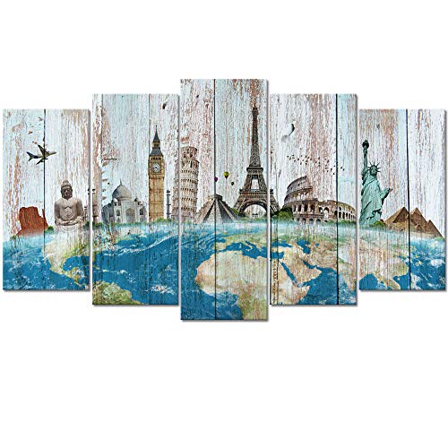 WELMECO Quadro grande de 5 pe&ccedil;as de mapa das maravilhas do mundo em fundo texturizado de madeira...