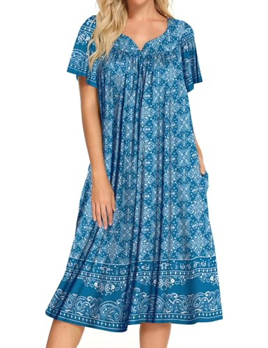 Image of Bloggerlove Mumu House Dress for Women with Pockets Short Sleeve Nightgowns | 15% Cotton, 80% Polyester, 5% Spandex, Floral Mumu House Dress, V-Neck, Short Sleeves, Midi Length, 2 Side Pockets, Lounging