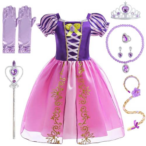 Heartsking Disfraz Rapunzel Niña, Vestidos Princesa Niña Disfraz Rapunzel con Varita de Hada y Tiara de Corona para Fiesta Halloween Cosplay Carnaval Cumpleaño