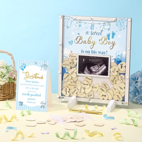 Image of Beeveer 65 Pcs Baby Shower Guest Book Alternatives for Boy Blue Baby Shower Sign in Guest Book with Picture Frame and 60 Wooden Heart Chip and Blue Signature Board Keepsake Gifts