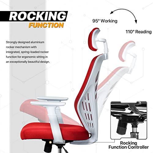 Monibloom Home Office Mesh Seat Chair With Headrest And Wheels, Rolling Swivel Computer Chair With T Shape Armrest For Adults, Red #TOP4