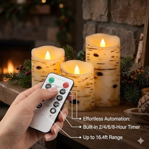 Image of Comenzar Flameless Candles Birch Bark Texture, Flickering Flame Battery Operated LED Candles, Electric Plastic Candles with Remote Timer for Home Decor, Rustic Wedding Centerpiece, Gift Set of 3