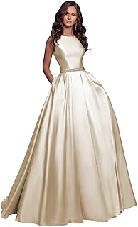 Women's A Line Satin Prom Dresses Long Ball Gown Ruched Beaded Evening Formal Party Dress with Pockets - Buy now