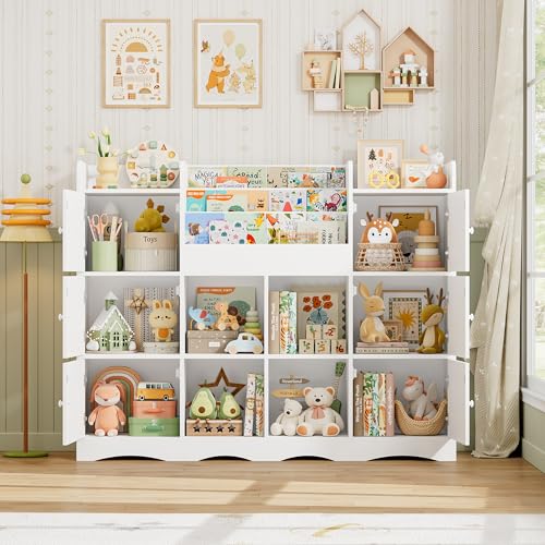 FOREHILL Estantería de Almacenamiento de Juguetes de 3 Niveles para Niños, Estanteria Montessori para Niños con 6 Puertas, 4 Estantes Abiertos para Dormitorios Guardería, Blanco 140x30x106cm - imagen 8