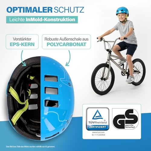 Fischer BMX Fahrradhelm Plus Radhelm, Dirt Bike Helm mit integriertem LED-Rücklicht, Game/hellblau, S/M, 54-58cm