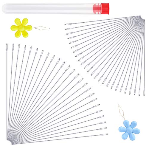 LUNARM 50 Pcs Beading Needles, 2 Sizes Seed Beads Extra Fine Thin Big Eye Beading Needles, Long Straight Needles Hand Sewing Needles with 2Pcs Threaders