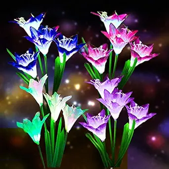 Homearda Outdoor Solar Lights, 4 Pack Solar Garden LED Lights with 16 Bigger Lily Flowers, Waterproof 7 Color Changing, Long Working Time-Bigger Solar Panel for Garden,Patio,Yard Decoration(4 Pack)