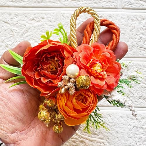 Image of ADIKALA Handmade Artificial Big Peonies 3 Flower Bunch for Trousseau Packing, Ready to use Flower Brooch Hamper for Decoration, Gift Wrapping Flowers (6, Orange)