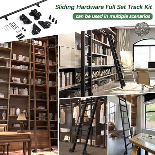 Home Library Ladder Hardware Kit - 8ft Rolling Track System for Office/Wine Cellar/Closet, Durable Carbon Steel Round Tube, Black (Ladders Not Included)