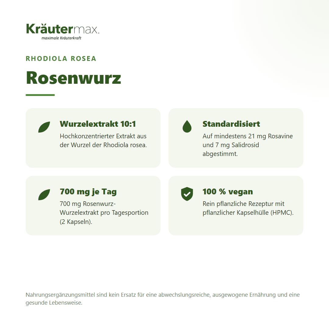 Kräutermax Rosenwurz Kapseln Hochdosiert, Rhodiola Rosea Nahrungsergänzung mit 700 mg Extrakt, Vegan, 100 Stück
