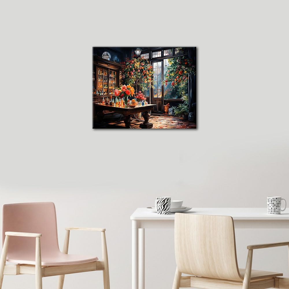 Paint by Numbers Kit for Adults, Adult Paint by Number Kits - Vintage Style Bar Interior with Blooming Flowers, Cozy Pub Scene Painting Canvas for Home Decor - 16x20 Inch(Framed)