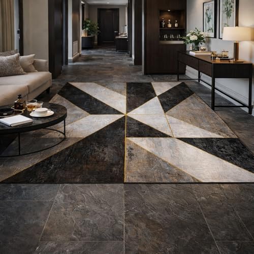 Alfombra de pelo corto abstracta dorada Rururug decoración premium 2