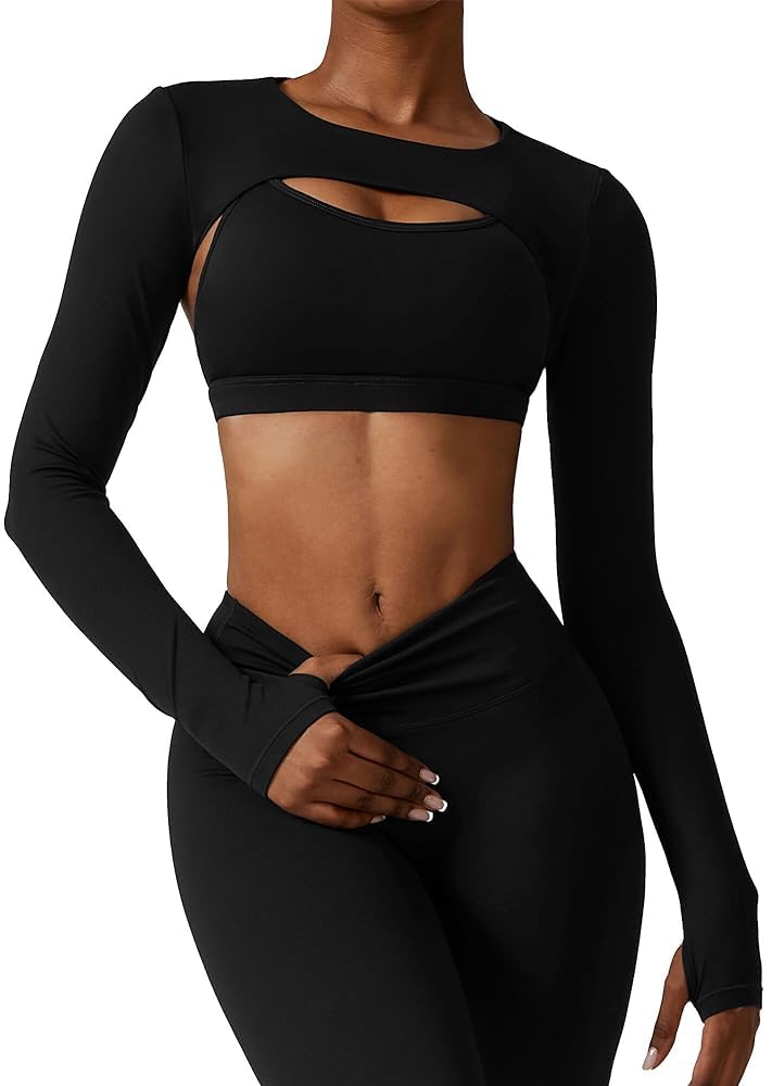 Femmes Vêtements de Yoga Crop Top,Séchage Rapide Haut de Sport,T-Shirt Femme Slim Moulant à Manches,Yoga Vêtements de Sport Trou du Pouce Slim T-Shirt,S-XL