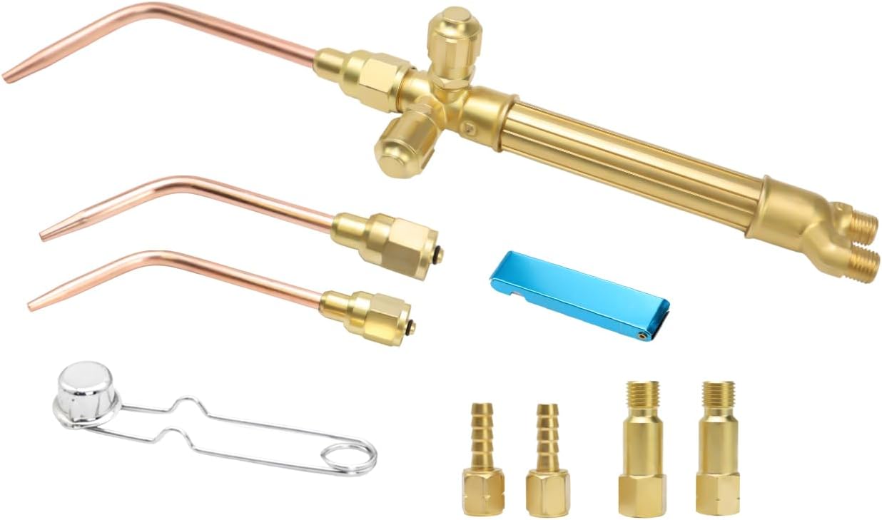 Light Duty Welding Brazing Torch Kit with Check Valves, 3 Welding Tips, HVAC Compatible Handle, 3/8-24 Type A Hose Fittings