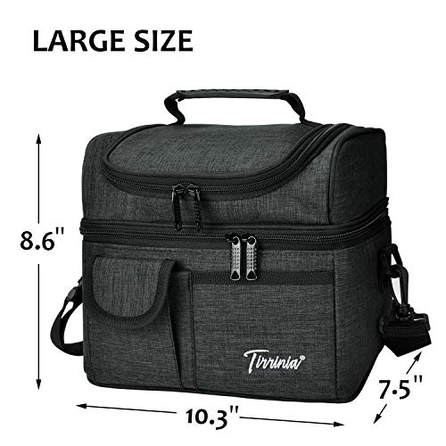 Tirrinia Insulated Lunch Bag, Leakproof Thermal Bento Cooler Tote For Women And Men, Dual Compartment With Shoulder Strap, 10.3" X 7.5" X 8.6", Black #TOP5