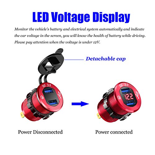 YONHAN Quick Charge 3.0 Dual USB Charger Socket, Waterproof Power Outlet Fast Charge with LED Voltmeter & Wire Fuse DIY Kit for 12V/24V Car Boat Marine ATV Bus Truck and More - Red - Thumbnail 3