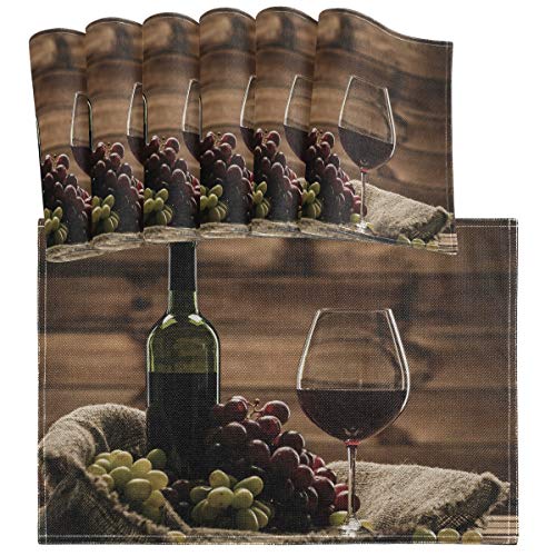 Limited Discount Oarencol Red Wine Glasses Grape Vintage Wooden Placemat Table Mats Set of 6, Heat-Resistant Washable Clean Kitchen Place Mats for Dining Table Decoration