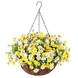 Ammyoo Artificial Hanging Flowers in Basket for Patio Garden Porch Deck Decoration, Artificial Daisy