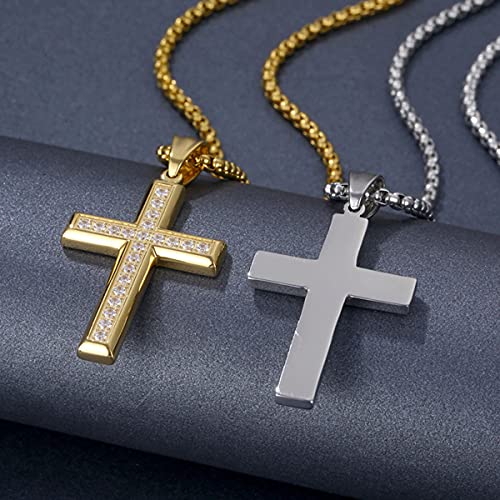 Deerllia Cross Necklace For Men Stainless Steel Crucifix Pendant Silver White Gold Beveled Edge Jesus Christ Plain Simple Women Fine Jewelry Gifts With Zirconia, 24 Inches Rolo Chain #TOP5