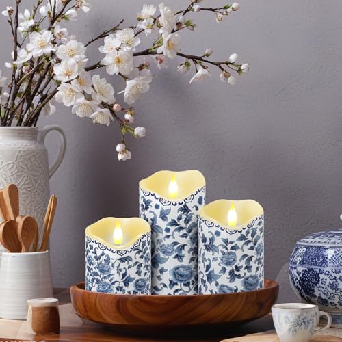 Image of Lebaley 3PCS Chinoiserie Flameless Candles - Blue and White Porcelain Candles with Remote,Floral Battery Operated LED Candles,Blue Pillar Candles Chinoiserie Decor for Home Weddings Party Festivals